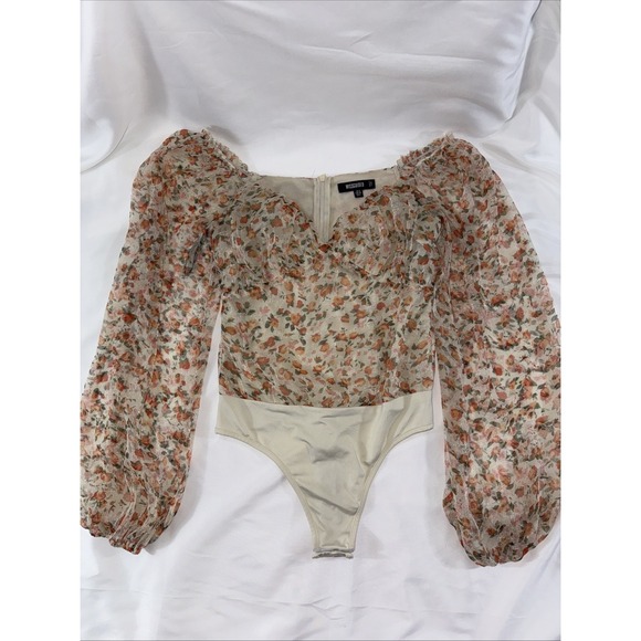 Misguided Sheer Off Shoulder Bodysuit Zipper Orange Floral fairy whimsical sexy - Picture 1 of 8